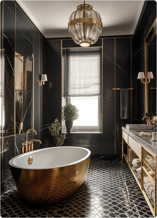 Luxurious black and gold bathroom.