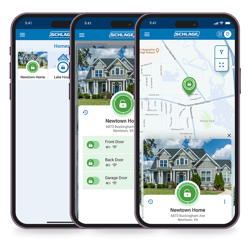 Screenshots of updated Schlage Home App on mobile phones.